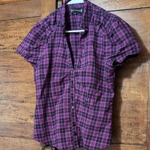 Plaid Purple Short Sleeve Blouse Black And Clear Buttons Cute Sleeves
